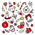 Big set of Christmas doodles elements. Hand drawn vector illustration. Royalty Free Stock Photo